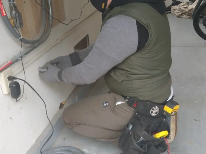 Electrician performing outlet wiring in a Mount Juliet garage
